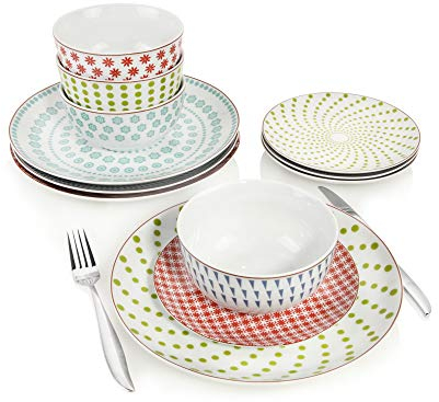 SÄNGER | Tafelservice Scandinavia Line aus Porzellan, 12-teiliges Geschirrset für 4 Personen, buntes Design runde Teller