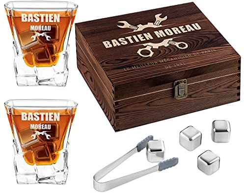 Maverton 8 Pierres à Refroidissement & 2 Verres Gravés 250 ML dans la Boîte Personnalisée en Bois - Cadeau Homme - Cadeau Anniversaire Homme - Cadeau Personnalisé pour Connaisseurs - Outils