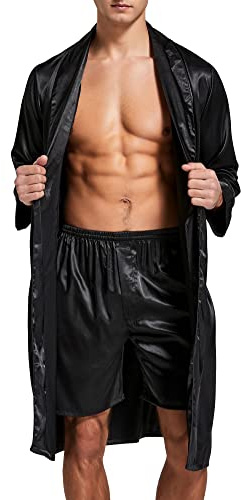 Mens Satin Robe Lightweight Silk Long Sleeve Bathrobe with Shorts Set Spa Kimono Sleepwear