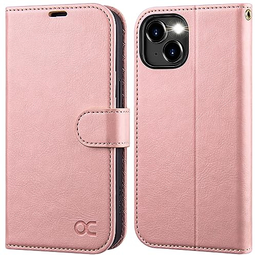 OCASE Coque Portefeuille pour iPhone 15 Rose | Housse Étui à Rabat en Cuir PU, Blocage RFID, Emplacements pour Cartes, Support Intégré, Protection Antichoc