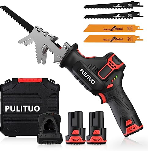 PULITUO Reciprocating Saw Cordless, Power Reciprocating Saws Compact Design，Including 2pcs 2000mAh Li-Ion battery, 1-Hour Fast Charger, Clamp Jaw, 4pcs of Saw Blades for Wood/Metal/PVC