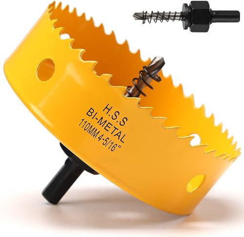 110mm Hole Saw, HSS Bi-Metal Hole Cutter with Drill Bit for Wood, Plastic, PVC, Fiberglass and Plasterboard, Yellow