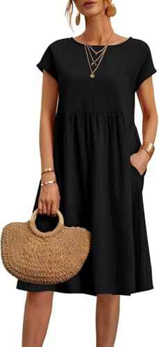 Hanaoops Womens Summer Dresses Casual Short Sleeve Round Neck Midi Dresses Loose Comfy Cotton A Line Tunic Beach Dress with Pockets Black