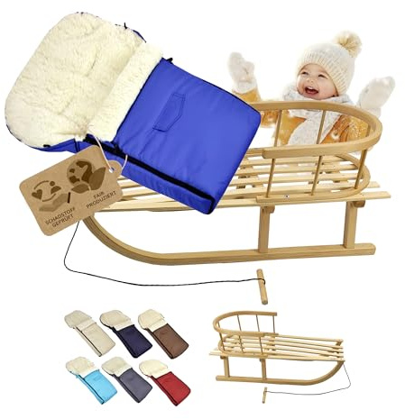KOMBI-erbjudande träsläde med ryggstöd och dragrep universell vinteråkpåse (90 cm), lämplig för babystol, barnvagn, buggy, ull UNI (blå)