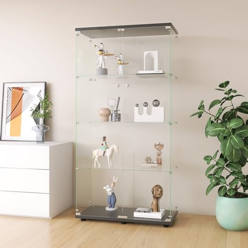 MIOOSUT vitrina de cristal 2 puertas 4 estante, 164 cm vitrina sobre pie de cristal transparente, mueble vitrina de cristal, vitrina de colección armario vitrina de salón (4 capas, 2 puertas, negro)