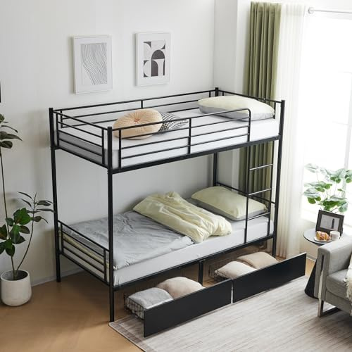 GALER Twin Over Twin Bunk Bed, Heavy Duty Metal Single Bunk Bed Frame with 2 Drawers & Ladder & Safety Guard Rails, Space Saving High Sleeper Beds for Kids, Teens & Adults (Black)