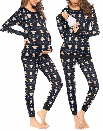 Ekouaer Termostill-pyjamas-set för kvinnor, långärmad mammapyjamas-amningskyjamas, tvådelat nattlinne för graviditet, nallebjörn S