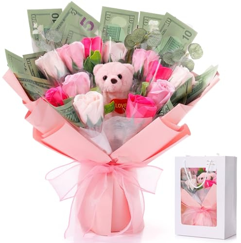 Suncalla Money Soap Flower Bouquet Kit, Handcrafted Soap Flower Money Bouquet Kit with Bear and Gift Bag, Unique Wedding, Birthday, Anniversary and Bridal Shower Gift(Fresh Style,Mixed Color)
