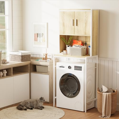 ELUCHANG Waschmaschinenschrank,Waschmaschinenregal,Waschmaschinenumbauschrank mit Türen,67x40x174cm, E1 MDF+Metall,Verstellbaren Ablagen, Weiß + Oak, für Waschmaschine/Trockner/Toilette