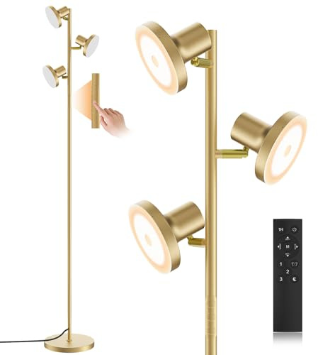 SIBRILLE Lampada da Terra Salotto 36W, 2500LM Piantana Lampada da Terra con Telecomando, 2700K-6500K Dimmerabile Lampade da Terra LED 3 Luci Individuale Controllo per Soggiorno, Lettura e Ufficio,Oro