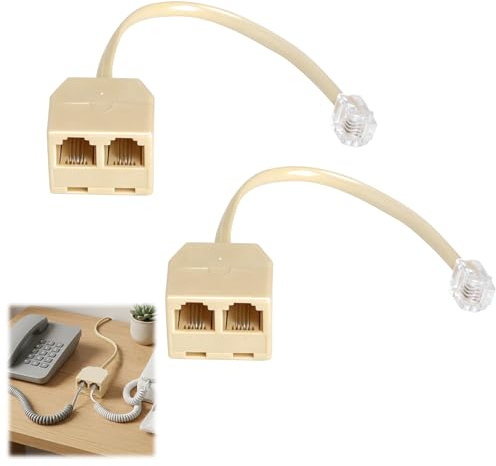 HENGBIRD 2 Piezas Divisor RJ11 para Teléfono Fijo, Adaptador de Teléfono a RJ11 6P4C, 1 Macho a 2 Hembra, Divisor Telefónico Fijo RJ11 para Cable Teléfono Fijo, Fax y Teléfono, Beige