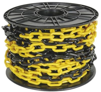 Perel Cadena de barrera amarilla negra 25 m en rollo, cadena de seguridad de plástico para interiores y exteriores, cadena de señalización para obra, zona de aparcamiento, almacén, terreno o evento