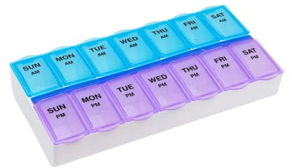 EZY DOSE Weekly (7-Day) AM/PM Daily Pill Case, Medicine Planner, Vitamim, Fish Oil, Supplements Organizer Container, Large Compartments, 2 Times a Day, Blue and Purple Lids, BPA Free
