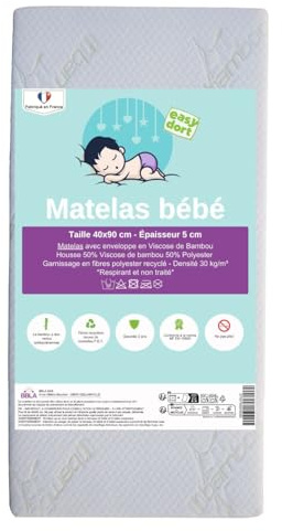 Easy Dort - Matelas couffin bébé 40 x 90 cm - Berceau, nacelle ou lit bébé - Housse en Bambou | Été & Hiver | Double Face | Très Confortable | Fabrication Française 40x90 cm | Blanc