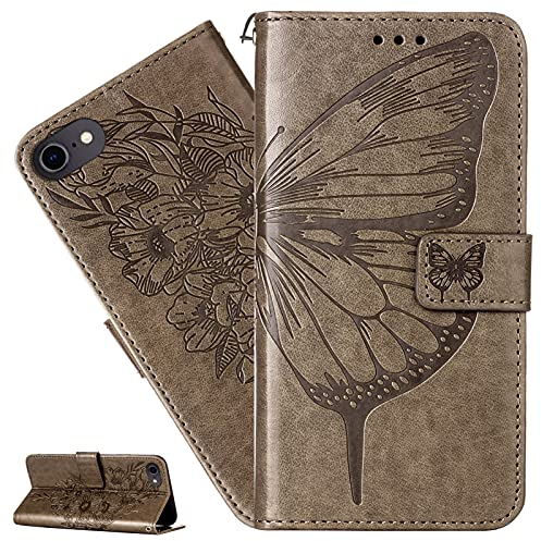 LEMAXELERS iPod Touch 5 / iPod Touch 6/7 Hülle,Für iPod Touch 5 Handyhülle Geprägt Schmetterlings Blume Flip Case PU Leder Cover Magnet Schutzhülle Ständer Handytasche für iPod Touch 5,YB Die Gray