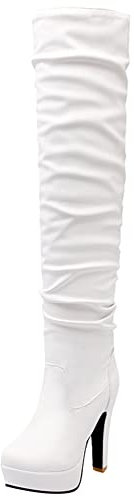 Lroey Reoly Bottes Au-Dessus Du Genou à Talon Bloc Femme, Bottes Slouch Talons Hauts Bout Rond Boots A Enfiler Plateforme 118 Blanc Taille 41 EU
