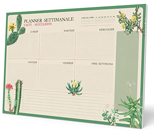 Grupo Erik Planner Settimanale da Tavolo A3 in Italiano Botanical Cacti - Planning Settimanale Orizzontale con 54 Fogli a Strappo, Spazi per Ogni Giorno e Note | Weekly Planner, To Do List Planner