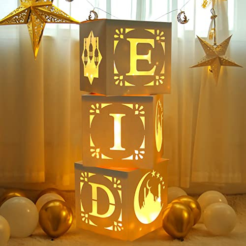 QIFU Eid Mubarak Decoración Caja de Luz - 3 Eid Mubarak Caja Blanca Calada Para Niños Decoración Ramadán, Ramadán Mubarak Decoración de Fiesta