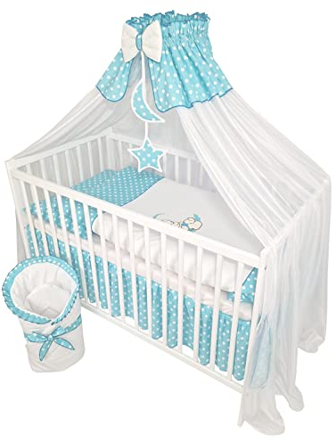 Bello24 - 13 Teiliges Babybett Kinderbett und Bettwäsche komplett Set Happy Leo inkl. Matratze höhenverstellbar für Neugeborene Babys und Kleinkinder aus Massivholz Bestickt (Teddybär Mond Azurblau)