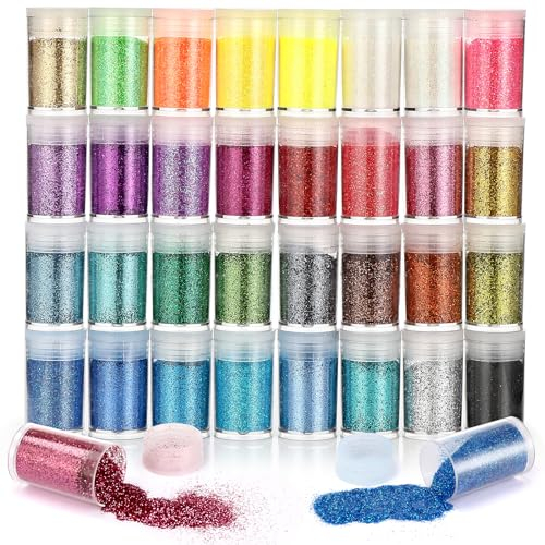 Royouzi 32 Farben Glitzer Basteln, 32 x 8g (256g) Festival Glitzer Gesicht, zum FüR NäGel, Make Up, Haare, Party DIY Handwerk Dekoration Glitzer Set. jcf-lh001