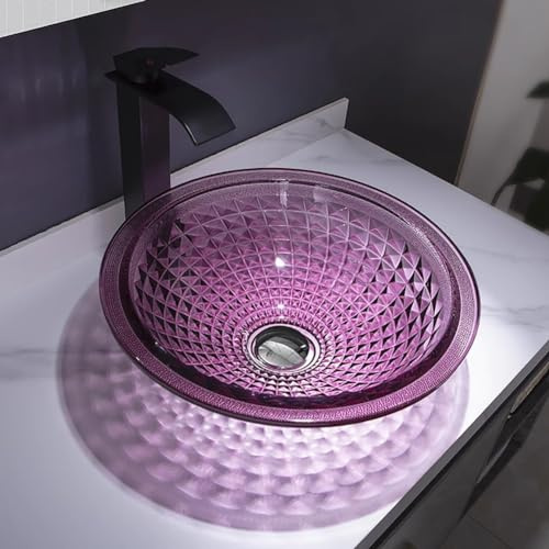 MegLob Bathroom Vessel Sink Kit, Glass Bathroom Washbasin, Crystal Glass Washbasin, Round Artistic Crystal Glass Countertop Basin, Transparnt Artistic Vessel Sink,Purple