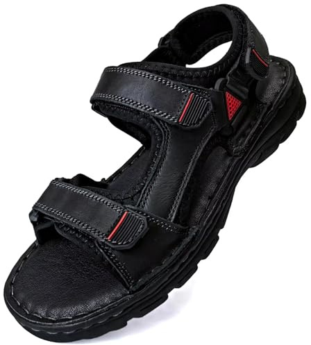 GURGER Sandali Sportivi Uomo Estivi Sandali Pelle Punta Aperta Cuoio Sandali da Trekking a Strappo Nero Taglie 41
