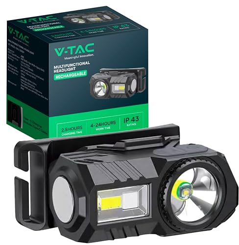 V-TAC Torcia Led Frontale Ricarica USB-C con 6 Modalità di Luce - Durata fino 24 Ore - Lampada LED da Fronte Multiuso per Outdoor, Escursioni, Notte, Sport - Batteria 750 mAh - IP43-3W - 190 LM
