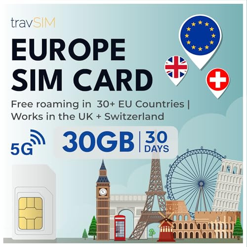 travSIM Europe SIM-kort | 30 GB data med 4G/5G-hastigheter | Obegränsade samtal | Använd i Storbritannien, Schweiz och 30+ EU-länder | Abonnemanget på SIM-kortet för Europa gäller i 30 dagar