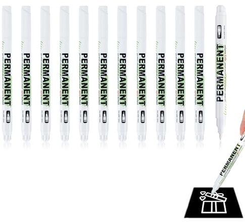 12 Stück Weiß Textilstifte, Weiß Acrylstifte, 1mm Spitze, Maschinenfest, Wasserfeste Dauerhafte Textilmarker, Ideal für T-Shirts, Stofftaschen und Bastelarbeiten, Geeignet für Alle Dunklen Textilien