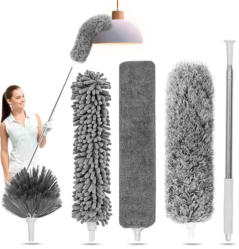 Duraone Dammtrasa för rengöring 5-i-1-kit, 250 cm dammvippa med förlängningsstång, utdragbar dammvippa, mikrofiberfjäderdammvippa för högt tak, möbler, persienner, vägg- grå
