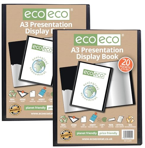 eco-eco Eco005x2 - Raccoglitore per presentazioni, formato A3, 50% riciclato, 20 tasche, colore: nero, con buste in plastica, confezione da 2