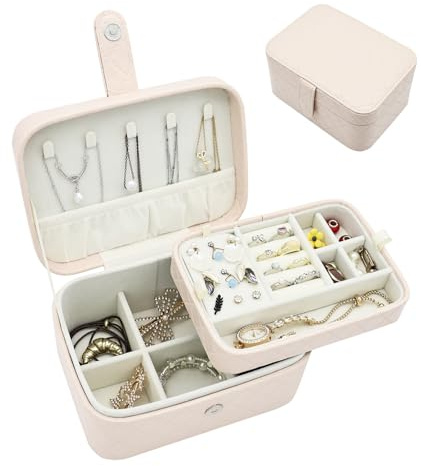 Boxudeli Jewellery Box, 2-Layer Jewellery Organiser Medium Travel Jewellery Box, Portable Faux Leather Jewellery Storage Boxes with Argyle for Women, Jewellery Case Home Gift Ideas (Apricot beige)
