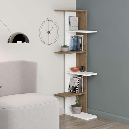 Totò Piccinni Libreria KORA angolare in legno 6 Ripiani dal design moderno 37x22x141h (Bianco/Rovere Antico)
