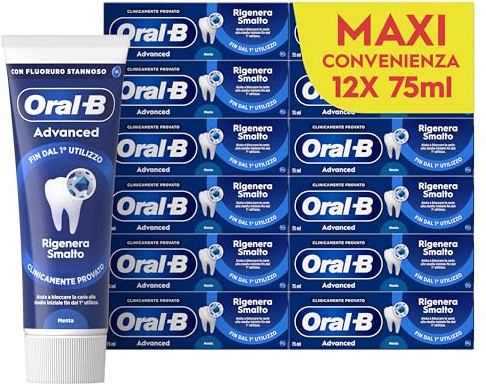 Oral-B Dentifricio Advanced Rigenera Smalto 12x75ml, Dentifricio Formato Convenienza, Clinicamente Provato, Pulizia Denti Efficace, Alito Fresco, Extra Freschezza Sapore Eucalipto
