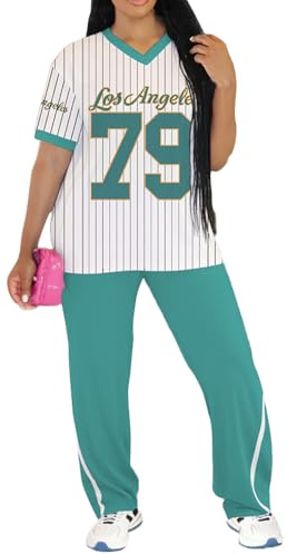 PINSV 2 Piece Sets for Women Summer Casual Outfits Jersey Shirts and High Waisted Pants Sets Green XXL