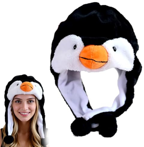 LKNBIF Plush Animal Hat with Ear Flaps, Plush Penguin Hat Cartoon Animal Cap Cosplay Costume Headwear Warm Cozy Hats for Kids Adults Novelty Headgear Photo Props