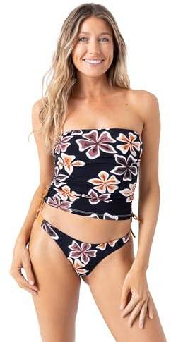 Roxy Women's Bandeau Tankini Top Swim Shirt with with Detachable Straps and Removable Cups, Brown/Black Combo, X-Large