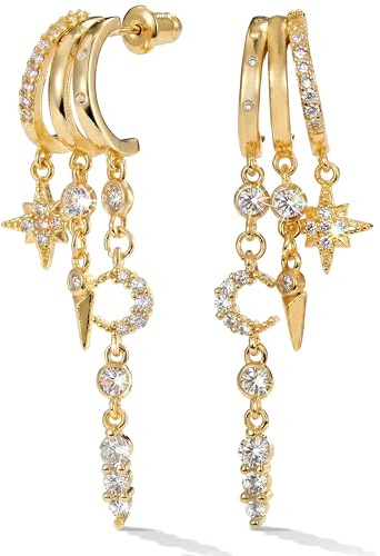 MUMREUES Gold Earrings for Women Trendy 14K Gold Plated Dangly Earrings Small Huggie Hoop Earrings Simple Cubic Zirconia Star Moon Dangle Earrings Hypoallergenic Drop Chain Illusion Earrings