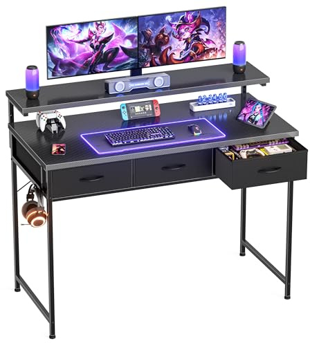 HOMIDEC Gaming Desk with Adjustable Monitor Stand, Computer Office Desk with 3 Storage Drawers, Gaming Table with Headphone Hook, Carbon Fibre Surface, for Gamers, Workers and Students, Black, 100cm