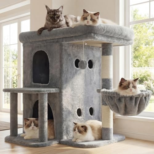 Heybly Árbol para Gatos, 65 cm de Altura, con una Plataforma Superior Extragrande, Cesta para Gatos de Dos Pisos, Rascador de Sisal, Cesta y Juguetes para Gatos, Gris Claro HCT204SW