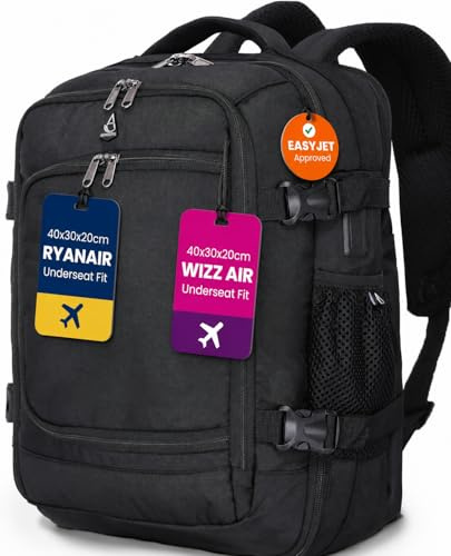 Aerolite 40x30x20cm Ryanair & Wizz Air Cabin Bag & Hand Luggage Backpack | Fits Ryanair & Wizz Air Under Seat, Premium Zippers, Lightweight, Travel Backpack Rucksack, Hand Luggage, Cabin, Black