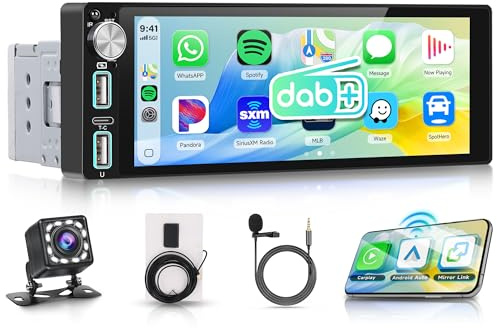Rimoody DAB/DAB+ Single Din Car Stereo Wireless CarPlay Android Auto | 1 Din 6.86 Inch IPS Touch Screen FM AM Radio Mirror Link Bluetooth Car Radio EQ Sound Type-C USB Input Rear View Camera
