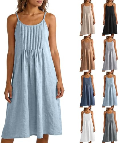 Zeiayuas Linen Dress for Women UK Sleeveless Strappy Summer Dresses Elegant Spaghetti Strap Plain Midi Dress Bohemian Beach Holiday Vacation Flowy Dresses Ladies Solid Color Casual Sundress