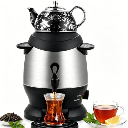 1800 W elektrisk turkisk tebryggare Samovar, 5 L vattenkokare i rostfritt stål och 1 L keramisk tekanna, Håll varm funktion, för kaffedoftande te