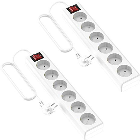 Garza Power - Pack de 2 Regletas de 6 enchufes con Interruptor y Toma de Tierra | Ladrón múltiple de 1.4 Metros | hasta 3680W | Protección Infantil |Cable H05W-F 3G | Color Blanco