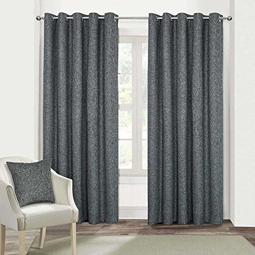 HOMESCAPES Dark Grey Textured Boucle Blackout Curtains Pair Width 228cm (90) x 182cm (72) Drop Genuine 3 Pass Blackout Lining Heavy Weight Eyelet Curtain