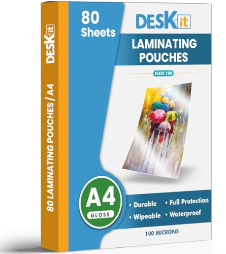 Deskit Laminating Pouches A4, Gloss, 80 Sheets, 100 Microns- Clear and Durable Presentations - Ideal Rigidity for Everyday Use