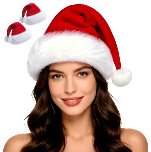 OGAJO Christmas Hat for Adults Santa Hats Unisex Red Velvet Extra Thicken Holiday Headwear Xmas Hat for Festive New Year Party (2 Pack)