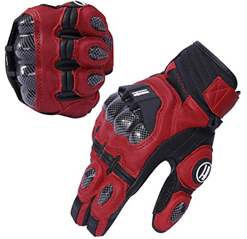 Harssidanzar Guanti da Moto in Pelle,Motociclette in pelle per uomo donna,guanti da corsa su strada con protezione per nocche Powersports KM046,Sangue di bue/nero,Taglia M