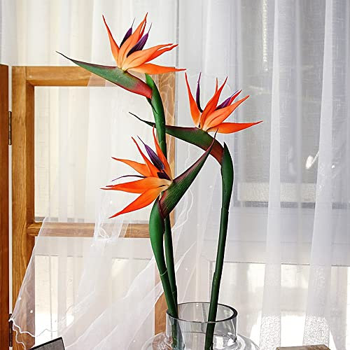 NatureMan 3 Pcs 32 Inch Orange red Large Bird of Paradise Permanent Flower,Flower Part is Made of Soft Rubber PU No Fade, Artificial Flower Plants for DIY Home OfficeDecoration (Orange red)